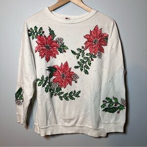 Vintage Christmas Poinsettia Crewneck Women’s M White Nutcracker Sweatshirt